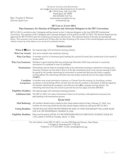 Plan Summary Election of Delegates to IBT Convention